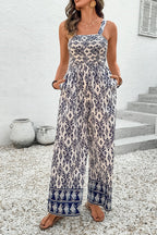 Blue Boho Geometric Print Shirred High Waist Wide Leg Jumpsuit