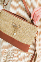 Beige Bow Pearl Decor Straw PU Leather Patched Crossbody Bag