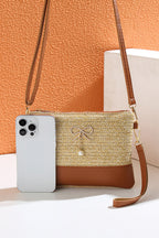 Beige Bow Pearl Decor Straw PU Leather Patched Crossbody Bag