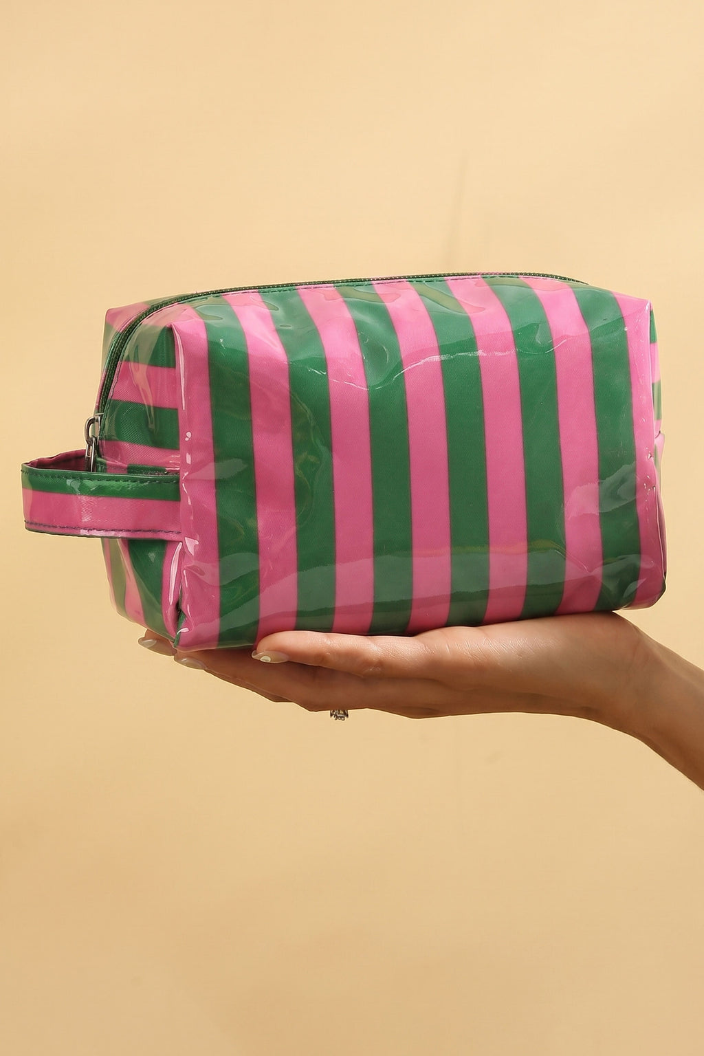 Rose Red PVC Striped Cosmetic Bag Durable Zipper Handle Travel Organizer