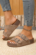 Coffee Retro Double Buckle PU Leather Faux Suede Platform Slippers