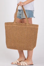 Parchment Solid Color Straw Woven Summer Beach Tote Bag