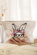 White Easter Bunny Print Corduroy Makeup Storage Bag