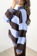 Sky Blue Stripe Contrast High Neck Dropped Shoulder Relaxed Pullover Sweater