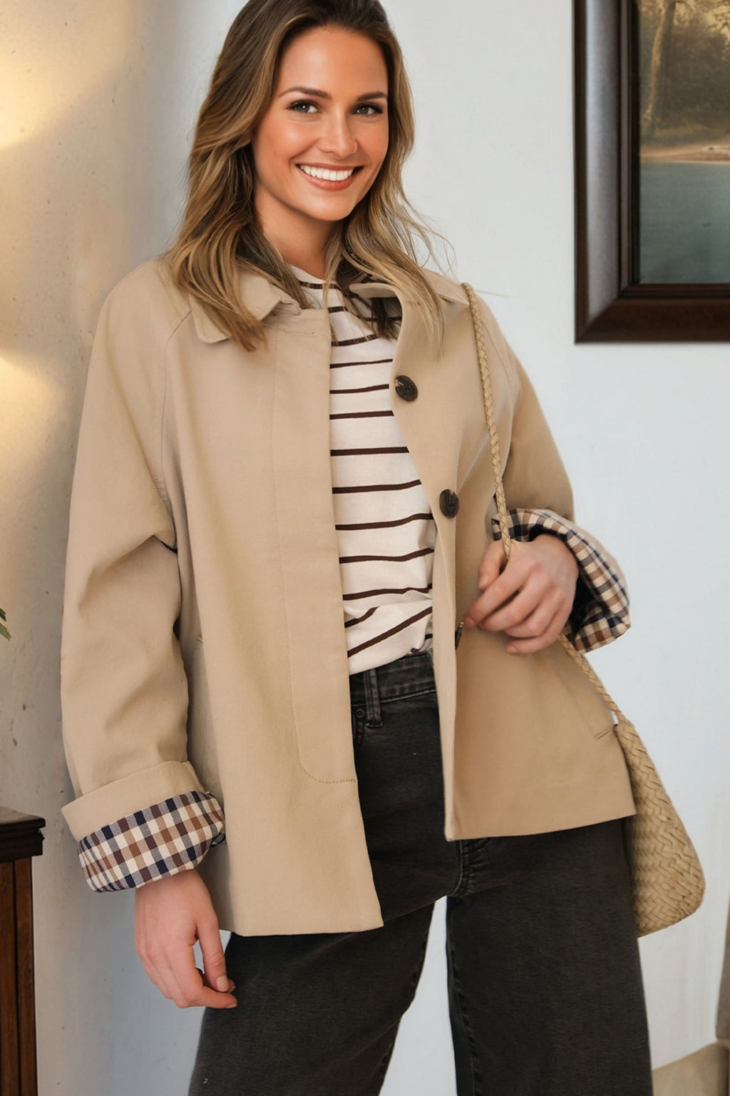 Parchment Plaid Liner Patchwork Single Breasted Trench Coat