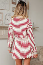 Red Stripe Cropped Collared Drop Shoulder Pullover and Bubble Mini Skirt Set