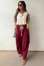 Chestnut Elastic Waist Drawstring Corduroy Casual Pants