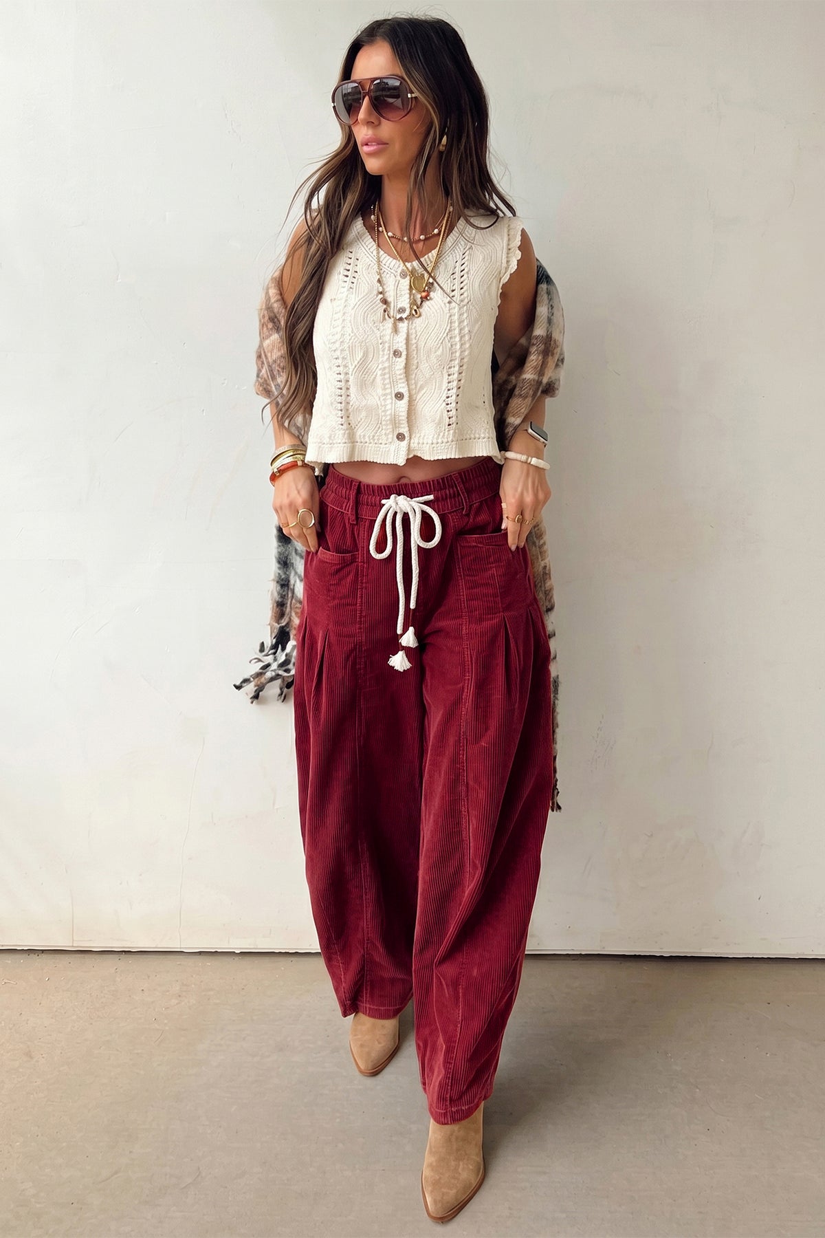 Chestnut Elastic Waist Drawstring Corduroy Casual Pants