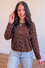 Brown Polka Dot Button Front Long Sleeve Casual Shirt