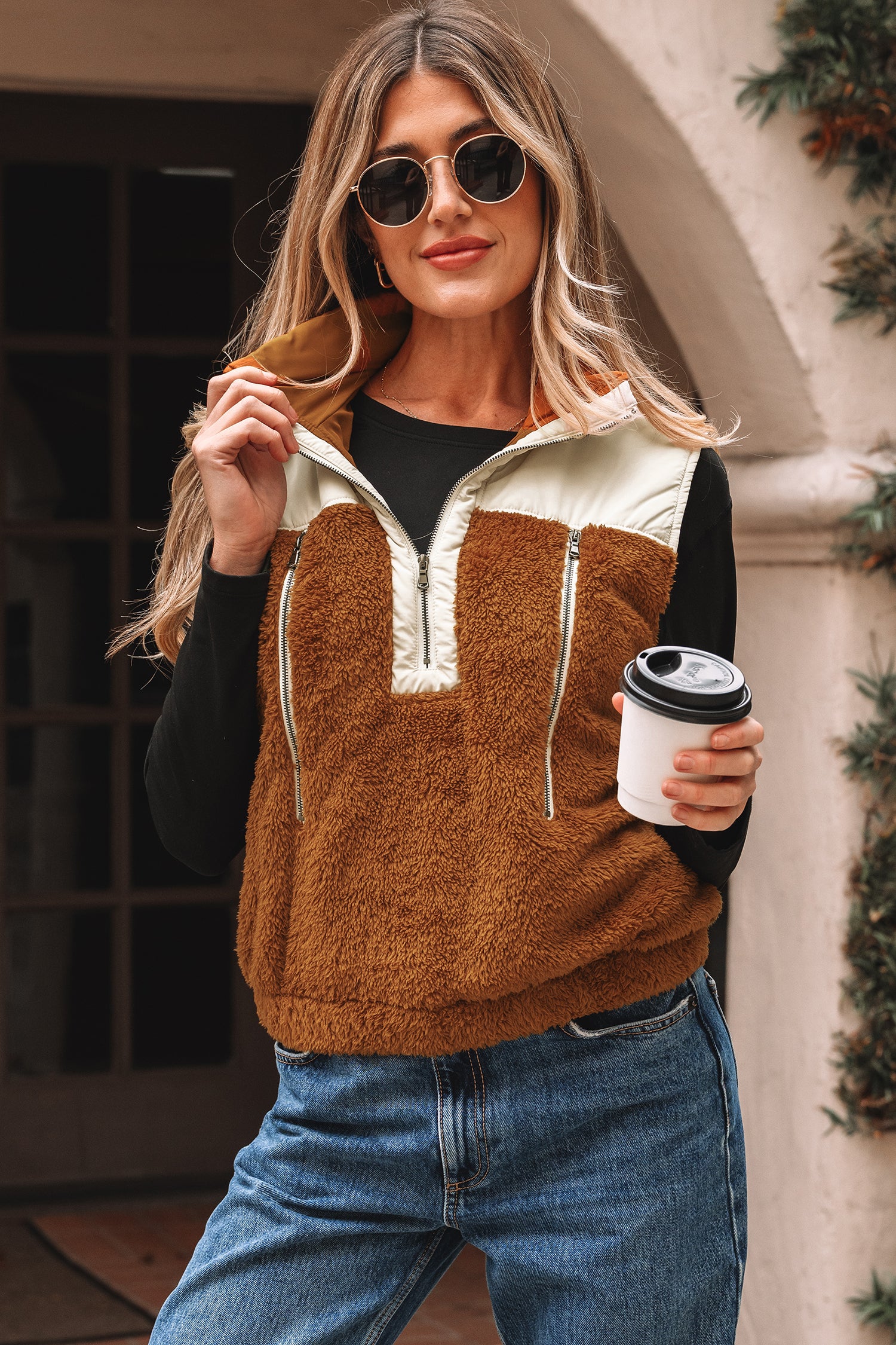 Chestnut Color Block Plush Patchwork Zipper Stand Neck Vest