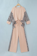 Parchment Leopard Print Twisted Ribbed Patchwork Long Sleeve Top Loose Pant Set
