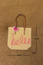 Khaki Hello Boho Handwoven Floral Accent Travel Tote Bag