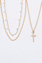 Gold Plated Cross Pendant Pearl Decor Triple Layer Chain Necklace