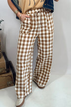 Blue Gingham Plaid Tie Elastic Waist Shift Pants