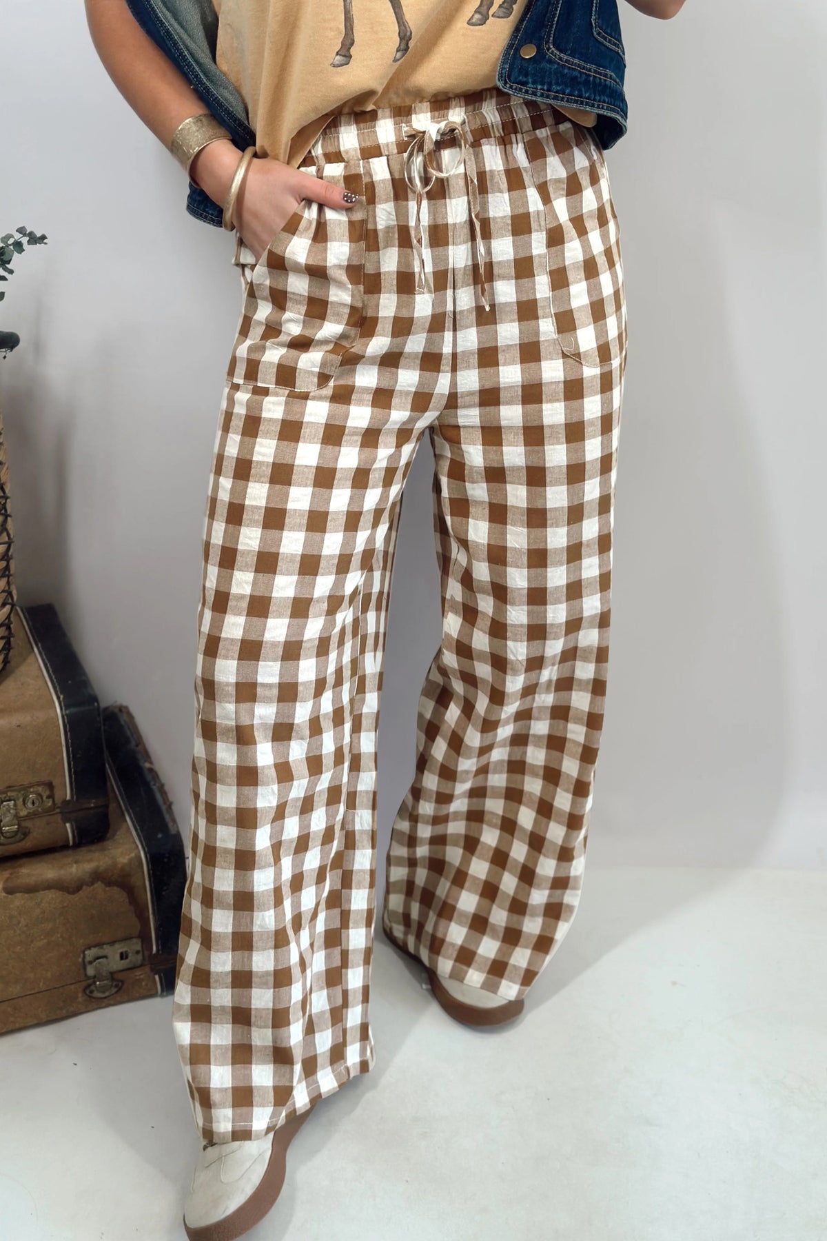 Blue Gingham Plaid Tie Elastic Waist Shift Pants
