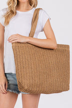 Parchment Solid Color Straw Woven Summer Beach Tote Bag