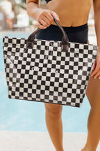 Black white Checkered Glossy PU Leather Tote Bag