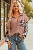 Dark Khaki Leopard Patched Twisted Ribbed Western Casual Shacket