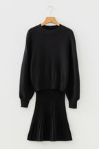 Black High Neck Puff Sleeve Sweater Pleated Mini Skirt 2pcs Knitted Outfit
