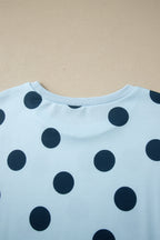 Sky Blue Polka Dot Print Loose Tee Drawstring Elastic Waist Short Set