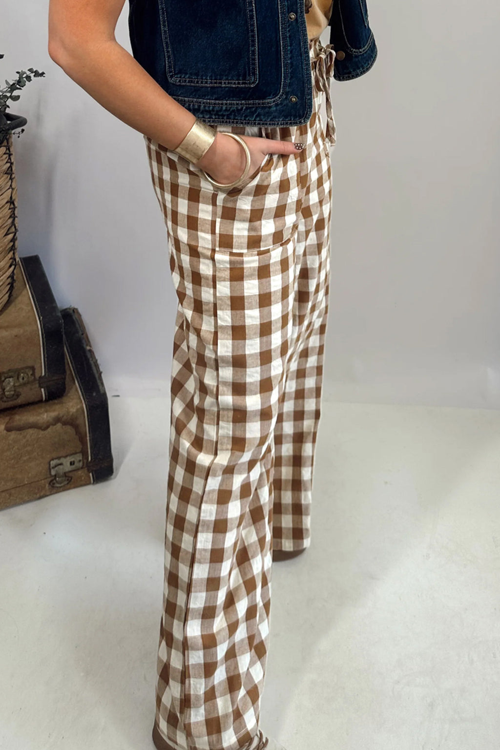 Blue Gingham Plaid Tie Elastic Waist Shift Pants