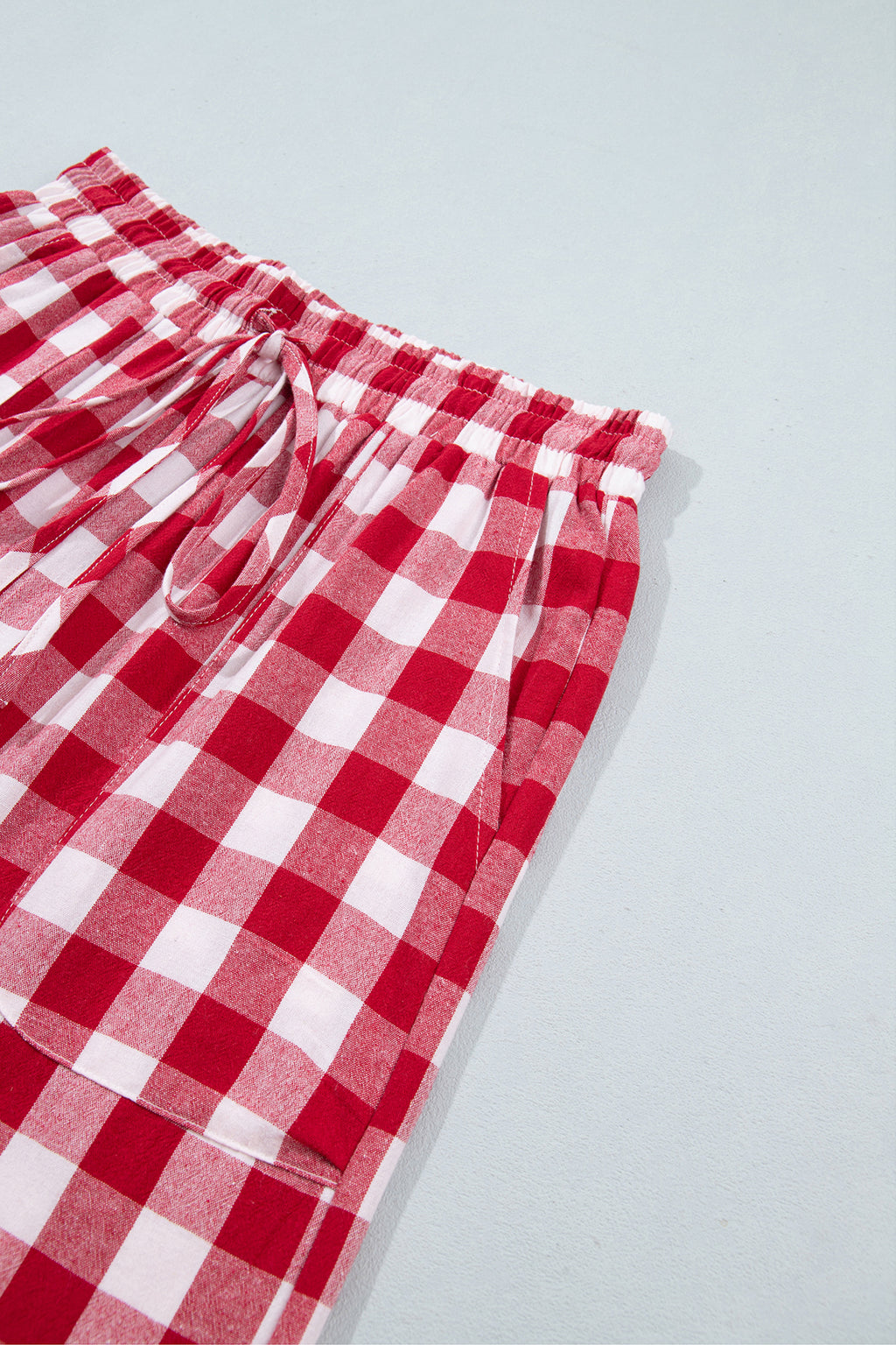 Blue Gingham Plaid Tie Elastic Waist Shift Pants
