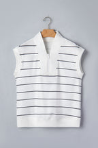 White Stripe Color Block Zip V Neck Sleeveless Top