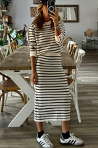Black Stripe Ribbed Trim Button Cuff Long Sleeve Top Midi Skirt 2pcs Outfit