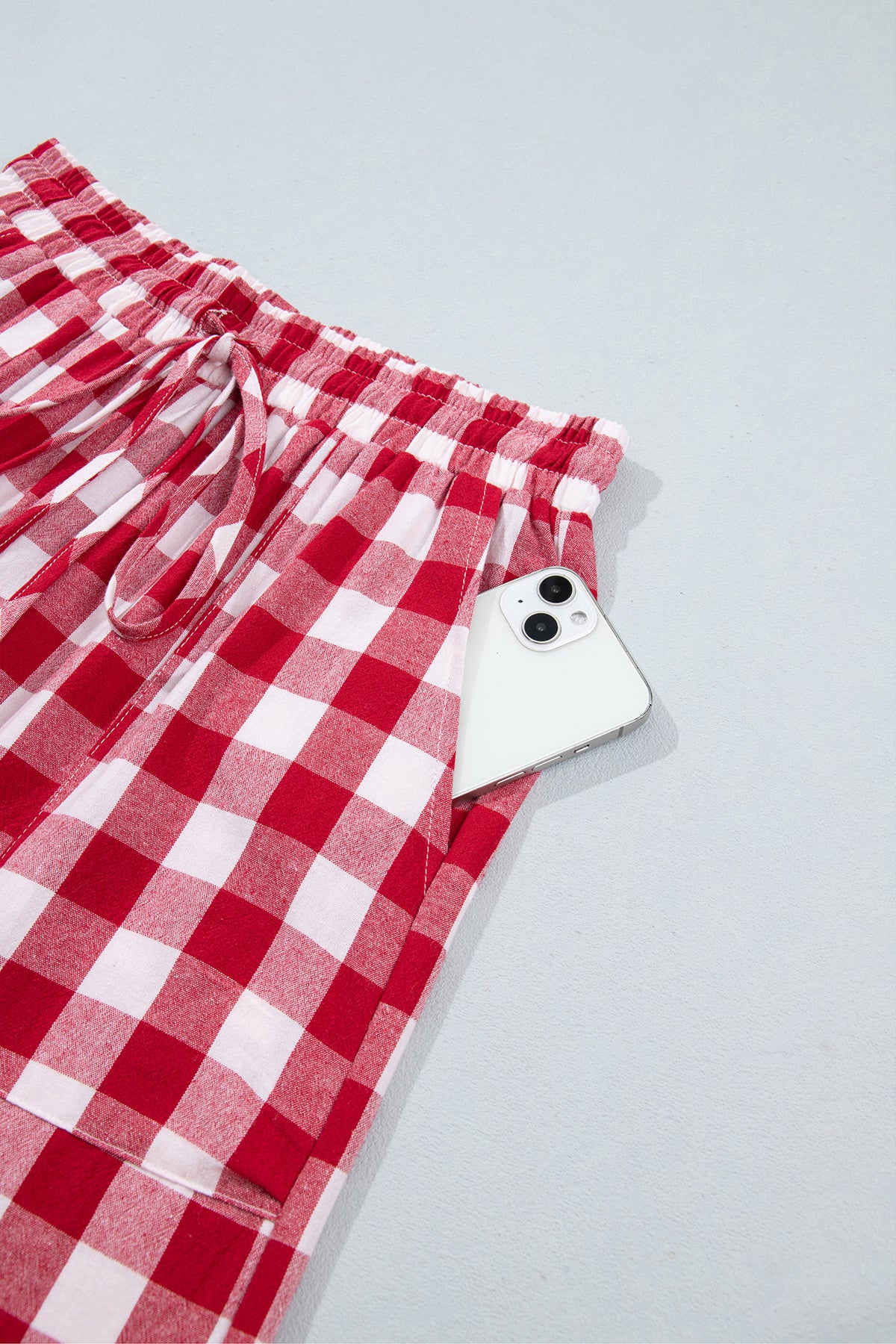 Blue Gingham Plaid Tie Elastic Waist Shift Pants