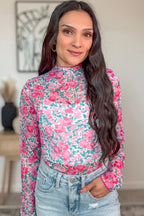 Pink Floral Print Slim Fit Mesh Long Sleeve Mock Neck Top