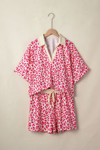Rose V Neck Collar Leopard Printed 2pcs Short Set