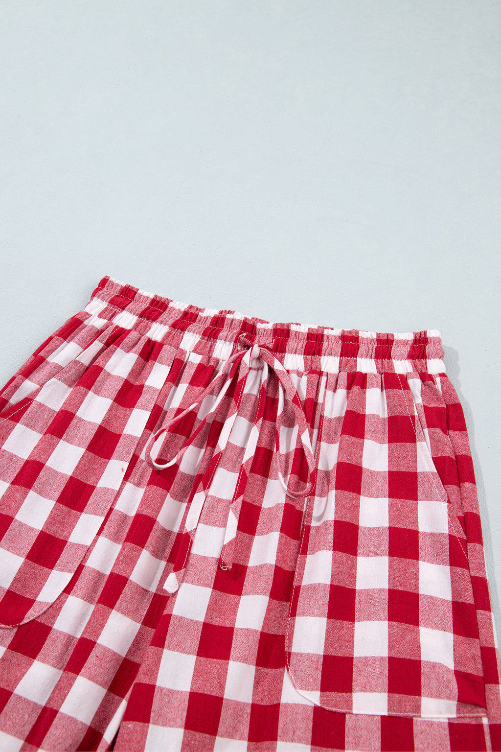 Blue Gingham Plaid Tie Elastic Waist Shift Pants