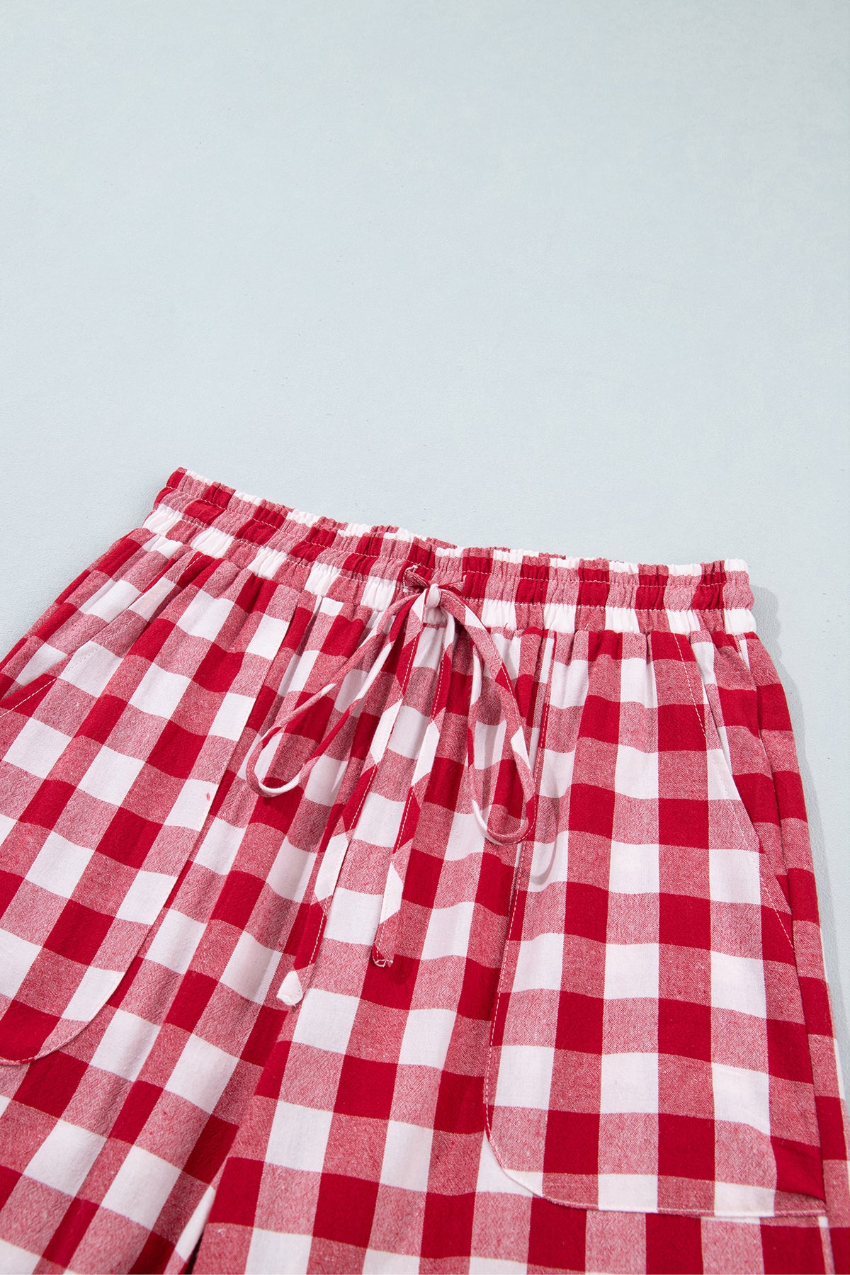 Blue Gingham Plaid Tie Elastic Waist Shift Pants
