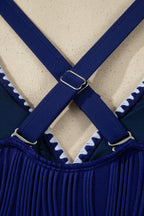 Navy Blue Shell Stitched Trim V Neck Textured Mix and Match High Waist Bikinis