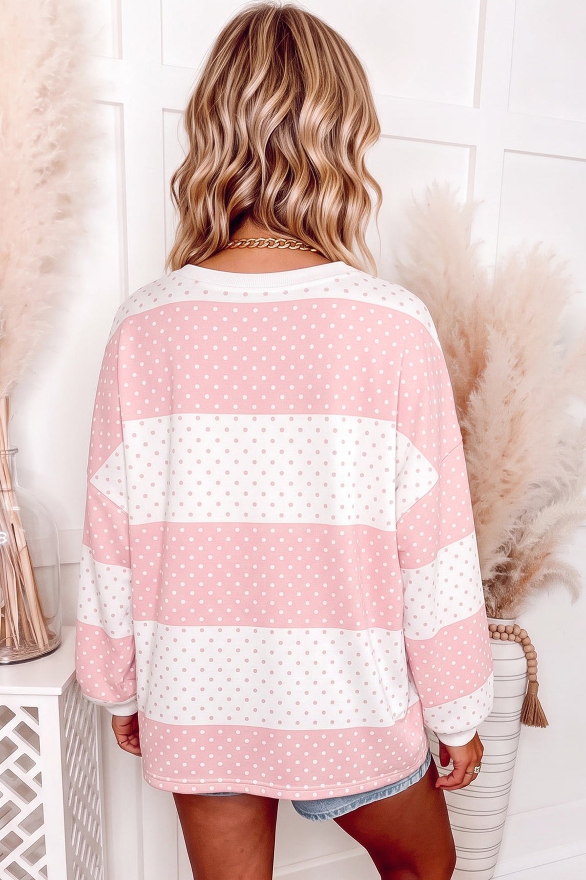 Brown Polka Dot Patchwork Colorblock Long Sleeve Top