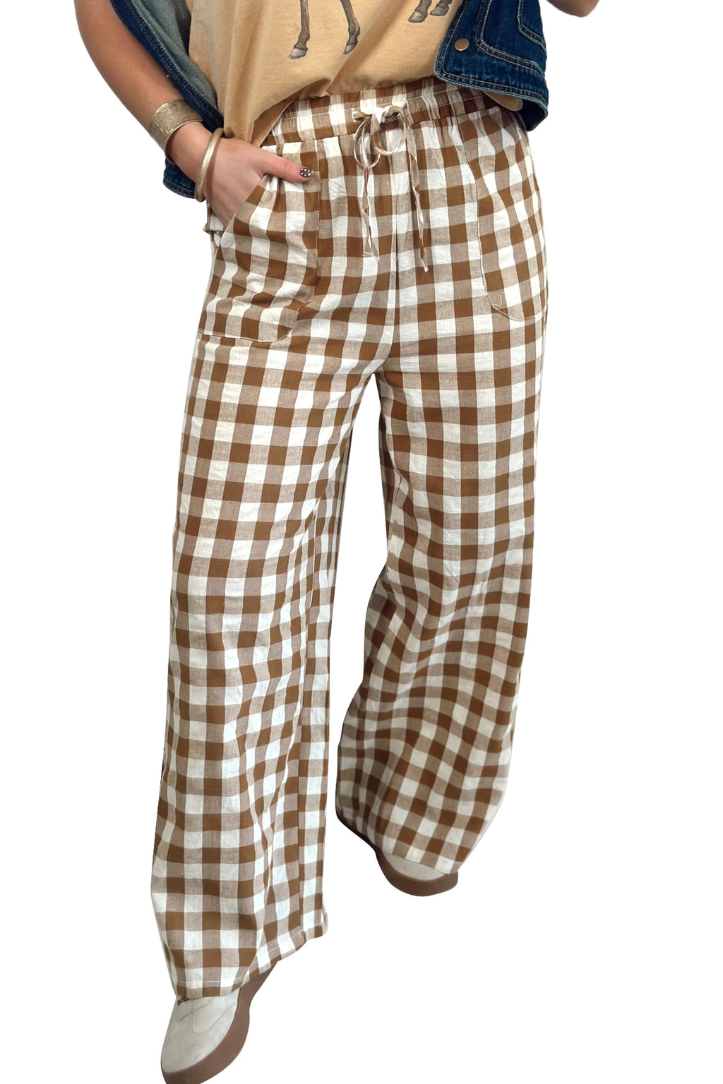 Blue Gingham Plaid Tie Elastic Waist Shift Pants