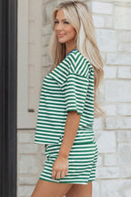 Green Stripe Drop Shoulder Boxy Casual Terry Short Set