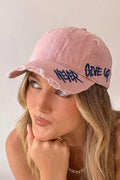 Light Pink NEVER GIVE UP Cotton Distressed Baseball Cap