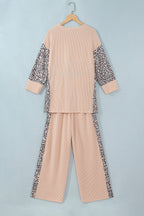 Parchment Leopard Print Twisted Ribbed Patchwork Long Sleeve Top Loose Pant Set