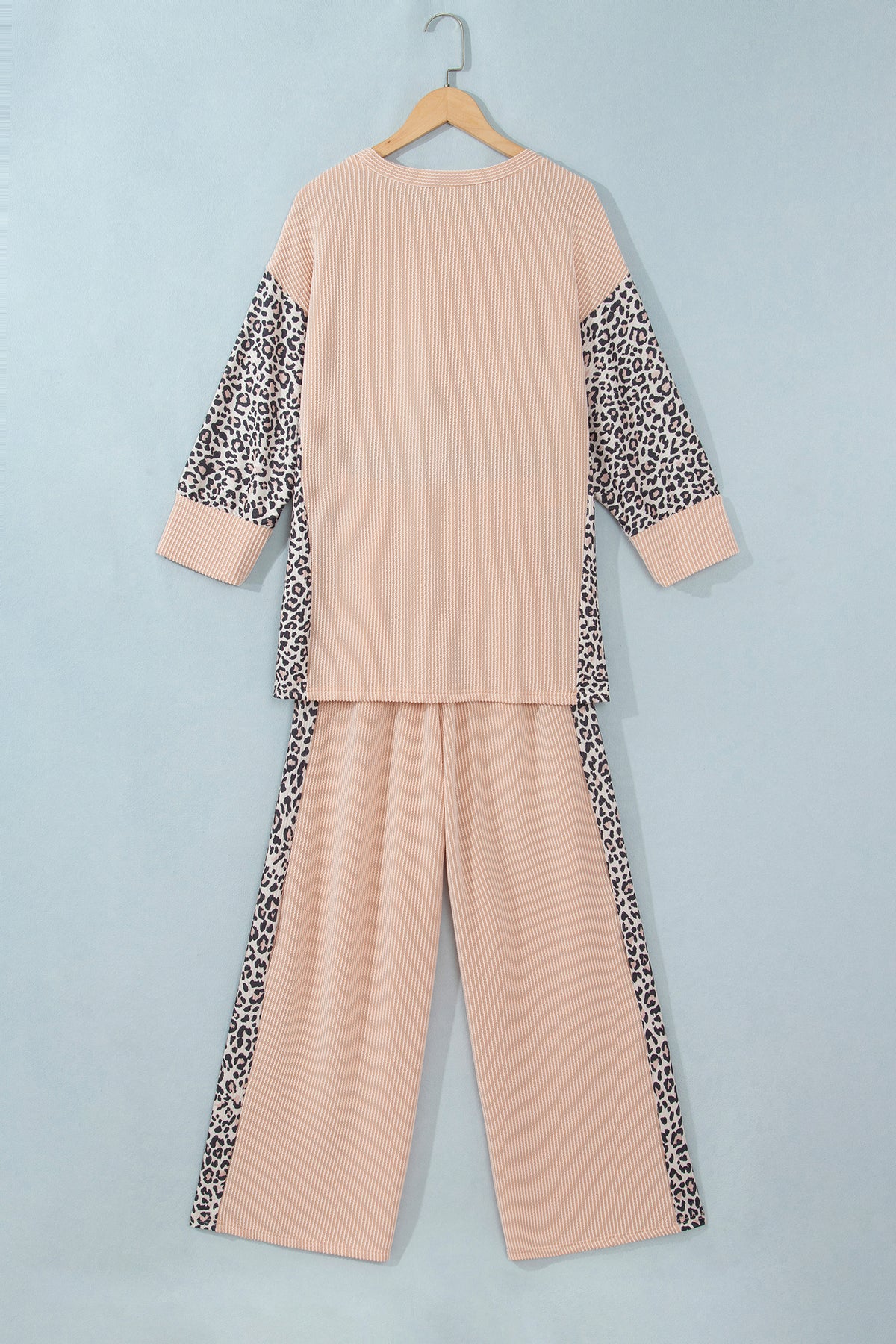 Parchment Leopard Print Twisted Ribbed Patchwork Long Sleeve Top Loose Pant Set
