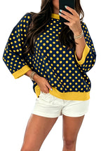 Blue Polka Dot Print Contrast Trim Round Neck Bracelet Sleeve Top