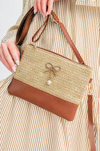 Beige Bow Pearl Decor Straw PU Leather Patched Crossbody Bag
