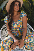 Yellow Floral Allover Print Shirred Cut Out High Waist Jumpsuit