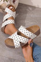 White Polka Dot Crossed Band Soft Suede Platform Slippers