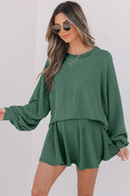 Mist Green Corded Lantern Sleeve Top High Waist Ruffled Mini Skort Set
