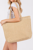 Parchment Solid Color Straw Woven Summer Beach Tote Bag