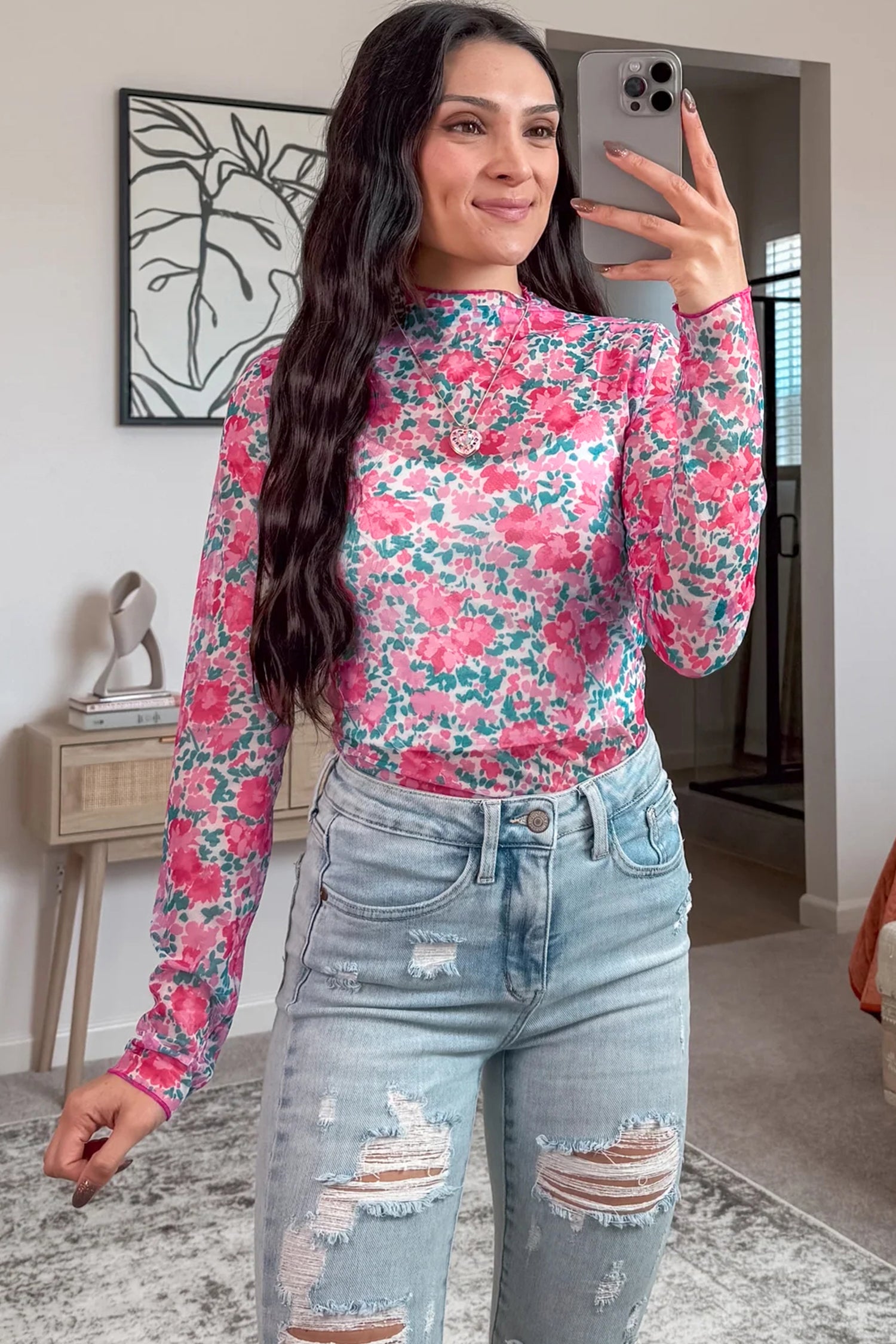 Pink Floral Print Slim Fit Mesh Long Sleeve Mock Neck Top