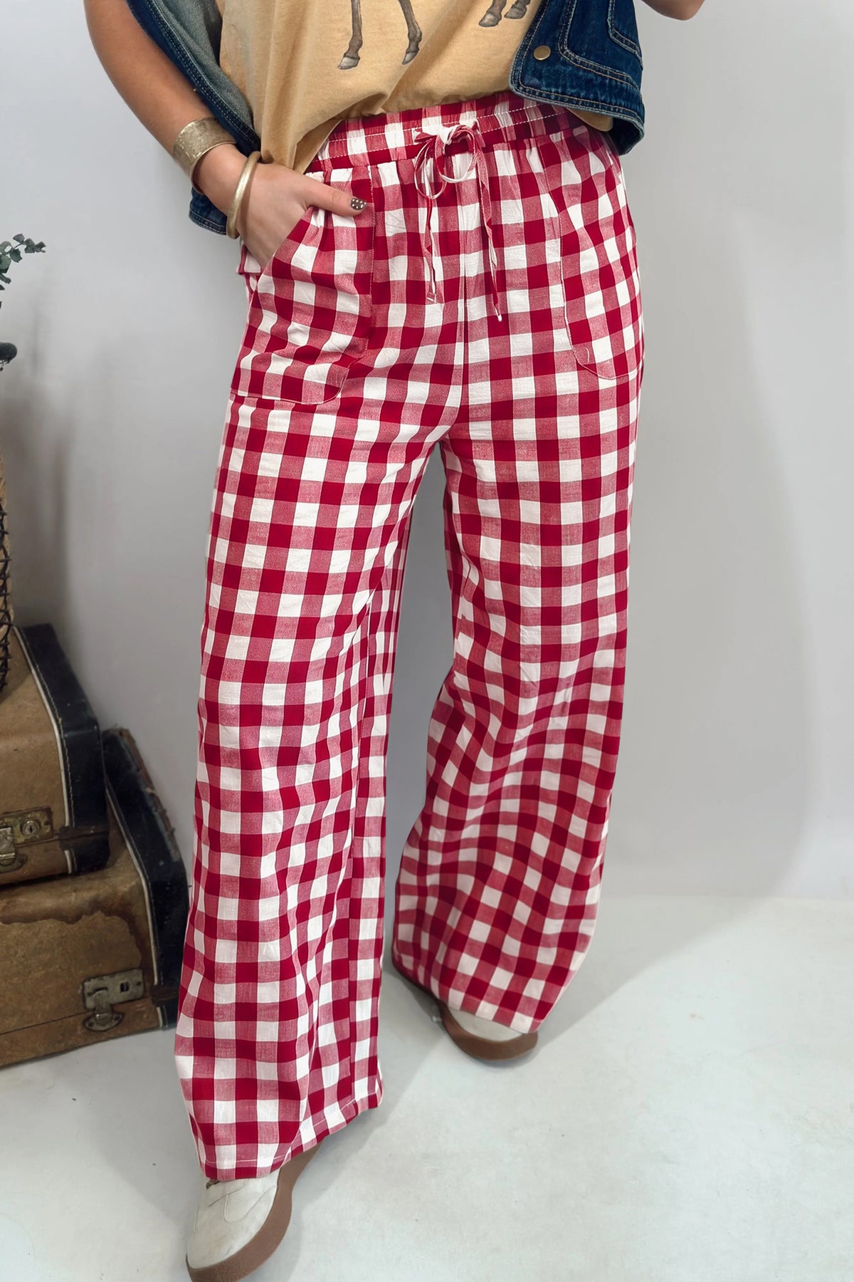 Blue Gingham Plaid Tie Elastic Waist Shift Pants