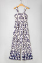 Blue Boho Geometric Print Shirred High Waist Wide Leg Jumpsuit