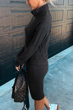 Black Ribbed Zip Stand Neck Drop Shoulder Pullover Bodycon Skirt 2pcs Set